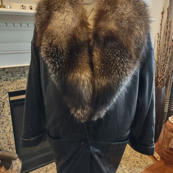 Vera Pelle Black Genuine Black Leather 3/4 Coat Fur Trim Made In Italy L - XL 14 - Picture 5 of 13
